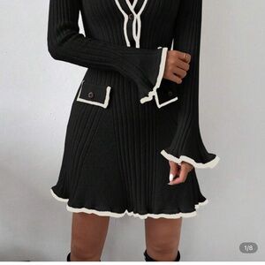 SHEIN Black and White Bell Sleeve Sheath Dress